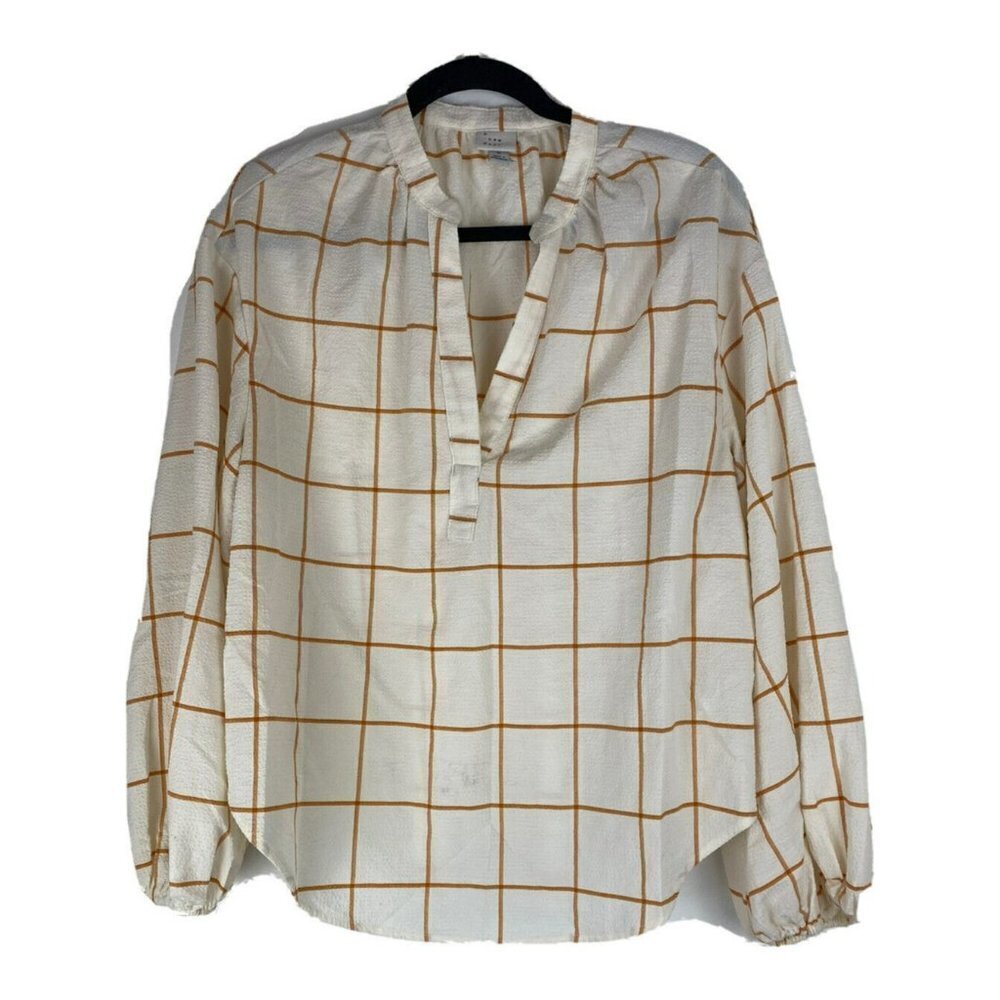 A New Day Womens Blouse Size M Orange White Grid Top Puff Sleeve Peasant